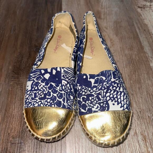 Lily Pulitzer Navy, White & Gold Espadrille Ballet Flats - Picture 1 of 6